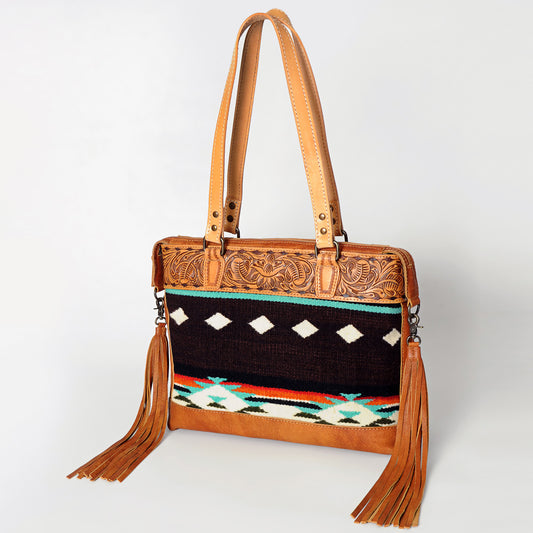 LC-ADBG855 Hand-Tooled Leather & Wool Saddle Blanket Western Tote Bag with Fringe American Darling
