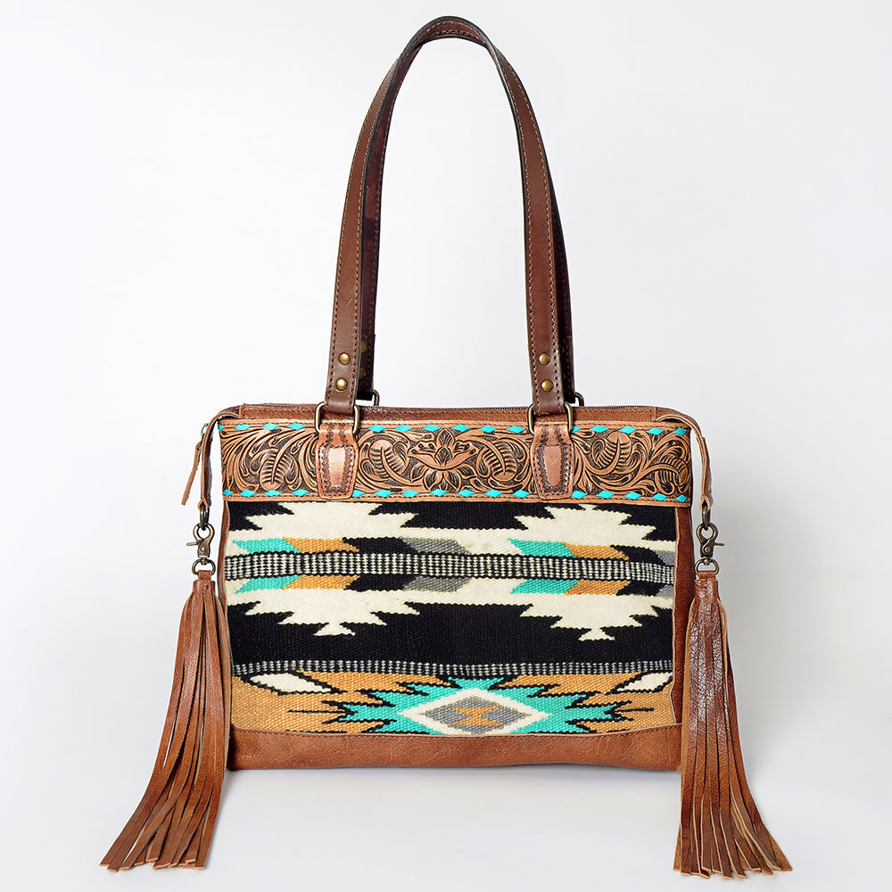 LC-ADBG855 Hand-Tooled Leather & Wool Saddle Blanket Western Tote Bag with Fringe American Darling
