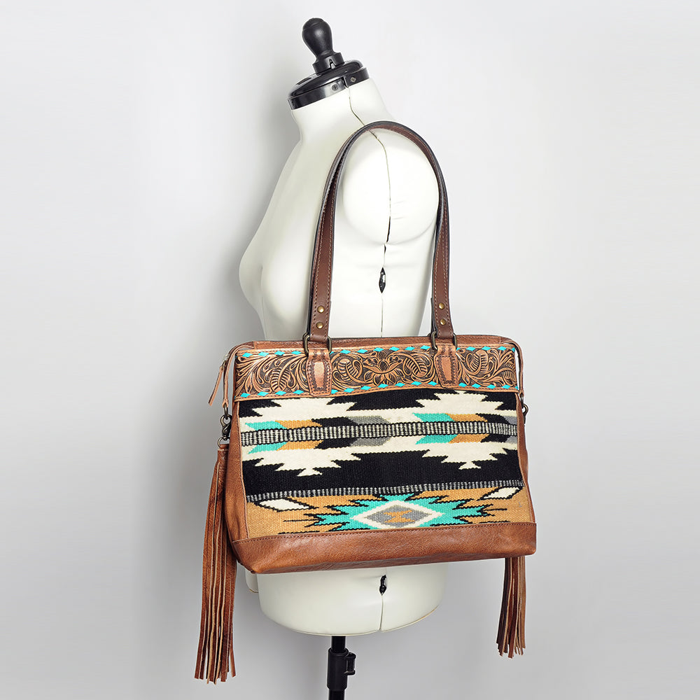 LC-ADBG855 Hand-Tooled Leather & Wool Saddle Blanket Western Tote Bag with Fringe American Darling