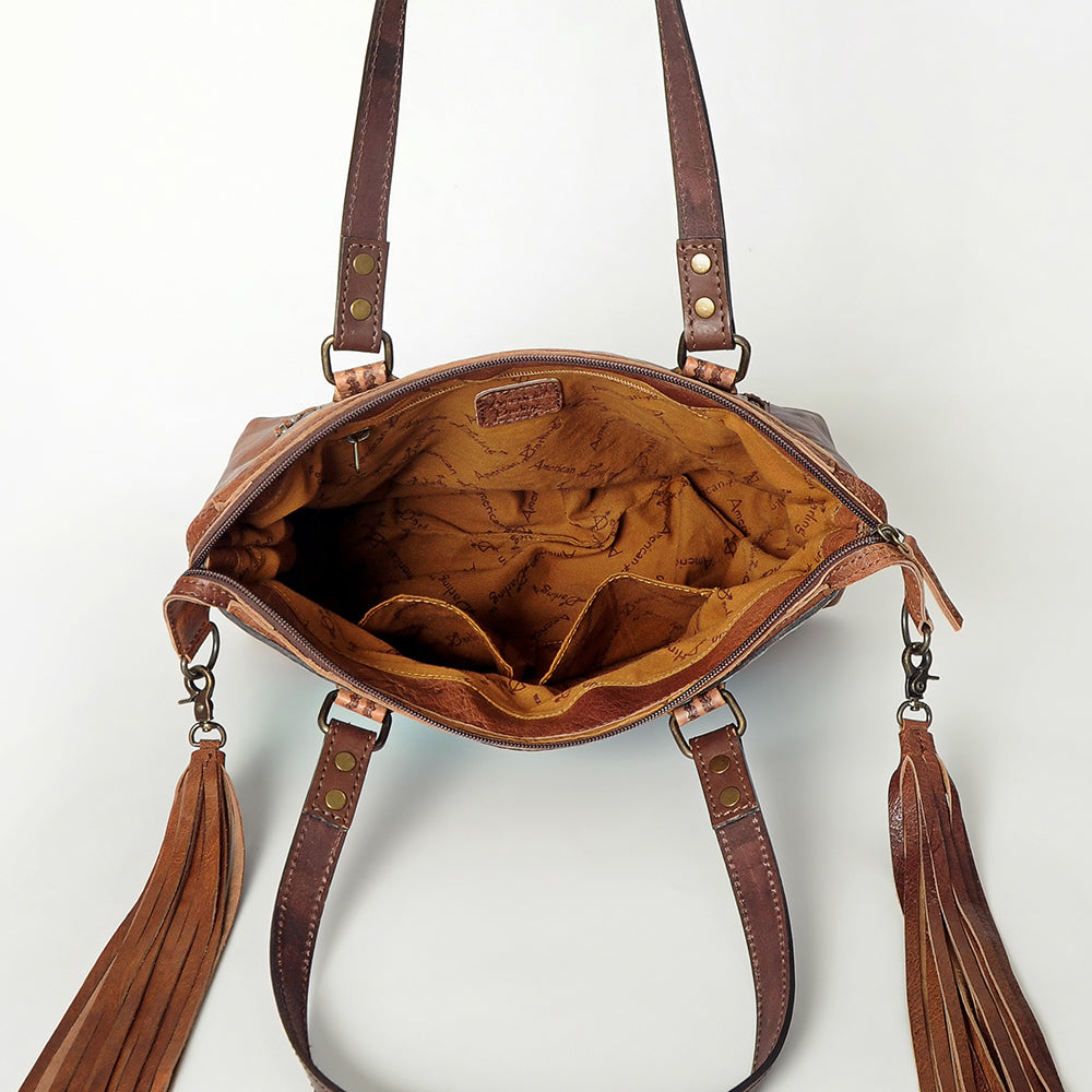 LC-ADBG855 Hand-Tooled Leather & Wool Saddle Blanket Western Tote Bag with Fringe American Darling