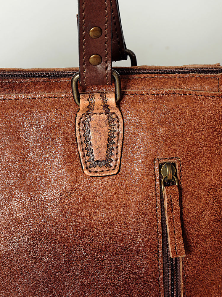 LC-ADBG855 Hand-Tooled Leather & Wool Saddle Blanket Western Tote Bag with Fringe American Darling