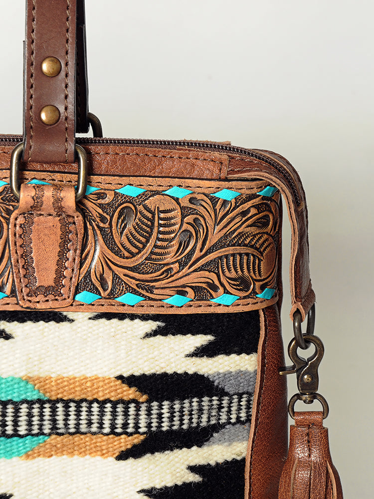 LC-ADBG855 Hand-Tooled Leather & Wool Saddle Blanket Western Tote Bag with Fringe American Darling