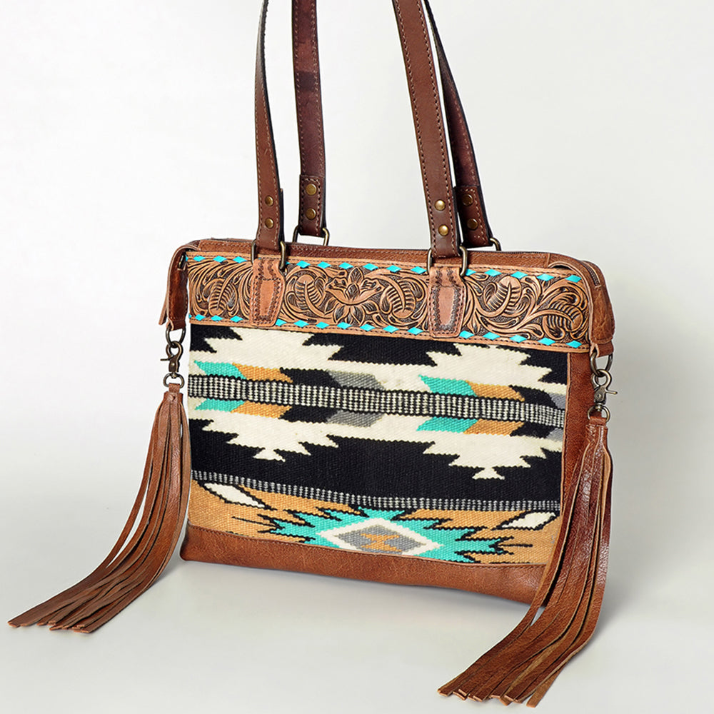 LC-ADBG855 Hand-Tooled Leather & Wool Saddle Blanket Western Tote Bag with Fringe American Darling
