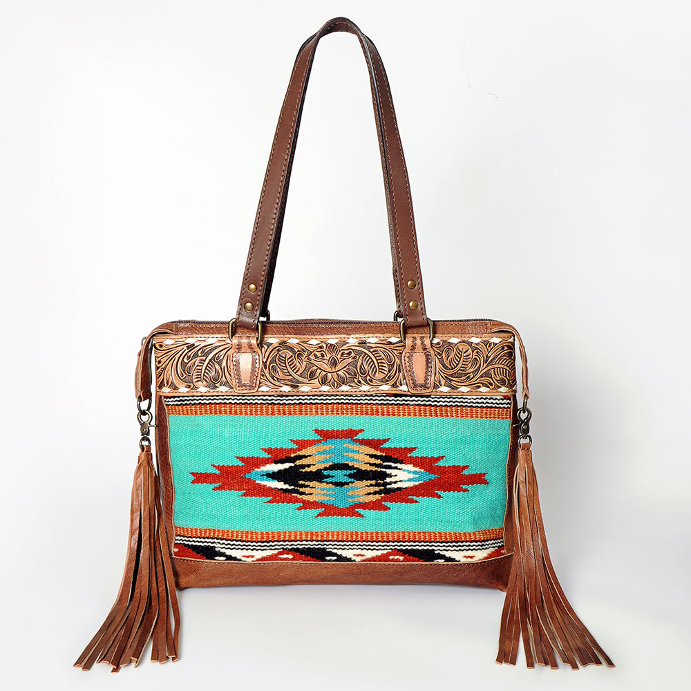 LC-ADBG855 Hand-Tooled Leather & Wool Saddle Blanket Western Tote Bag with Fringe American Darling