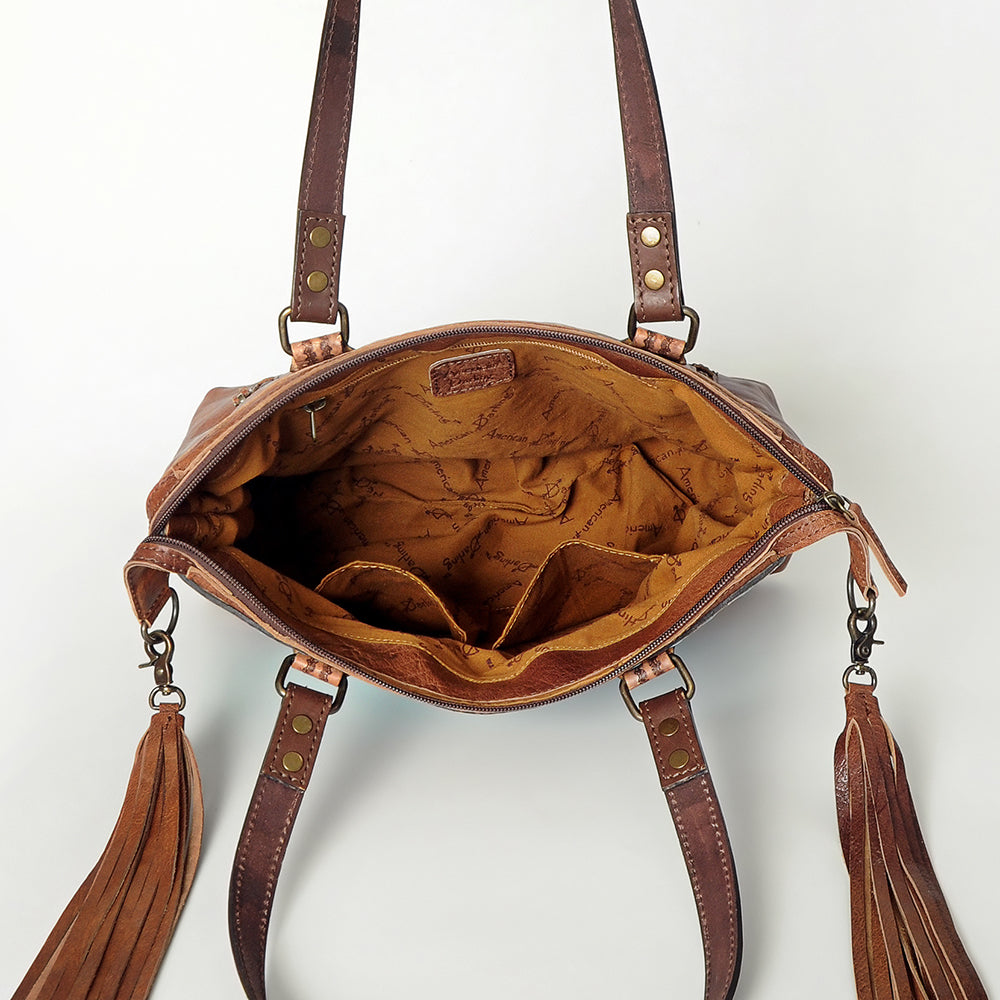 LC-ADBG855 Hand-Tooled Leather & Wool Saddle Blanket Western Tote Bag with Fringe American Darling