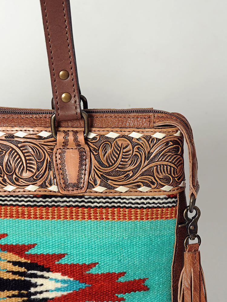 LC-ADBG855 Hand-Tooled Leather & Wool Saddle Blanket Western Tote Bag with Fringe American Darling