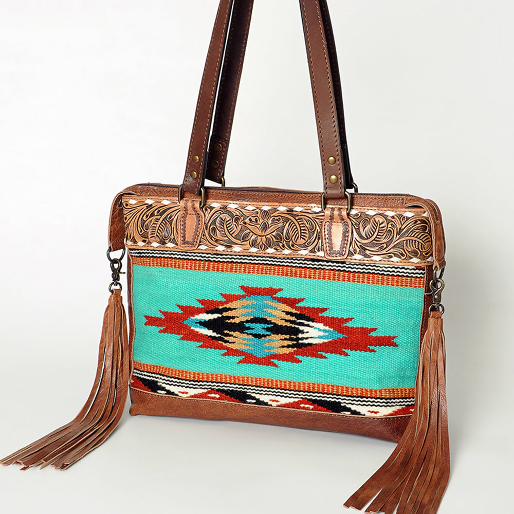 LC-ADBG855 Hand-Tooled Leather & Wool Saddle Blanket Western Tote Bag with Fringe American Darling