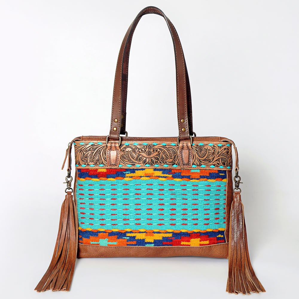 LC-ADBG855 Hand-Tooled Leather & Wool Saddle Blanket Western Tote Bag with Fringe American Darling