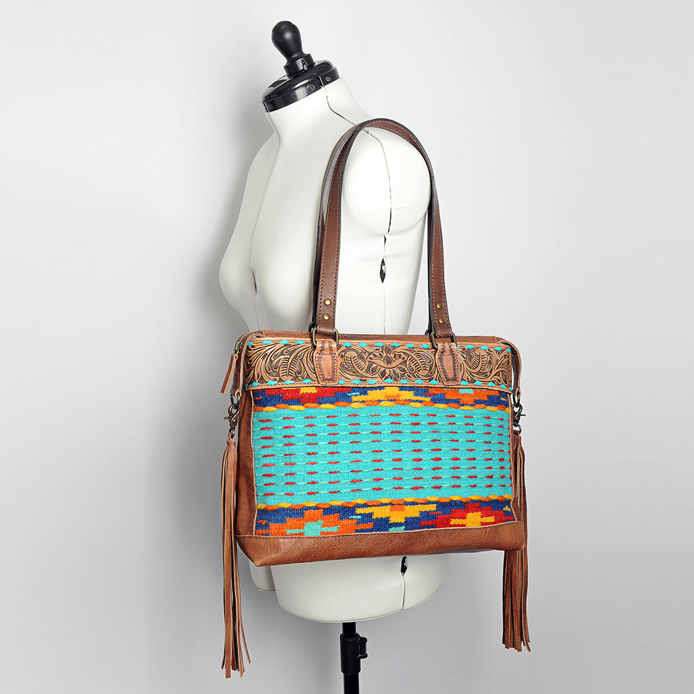 LC-ADBG855 Hand-Tooled Leather & Wool Saddle Blanket Western Tote Bag with Fringe American Darling