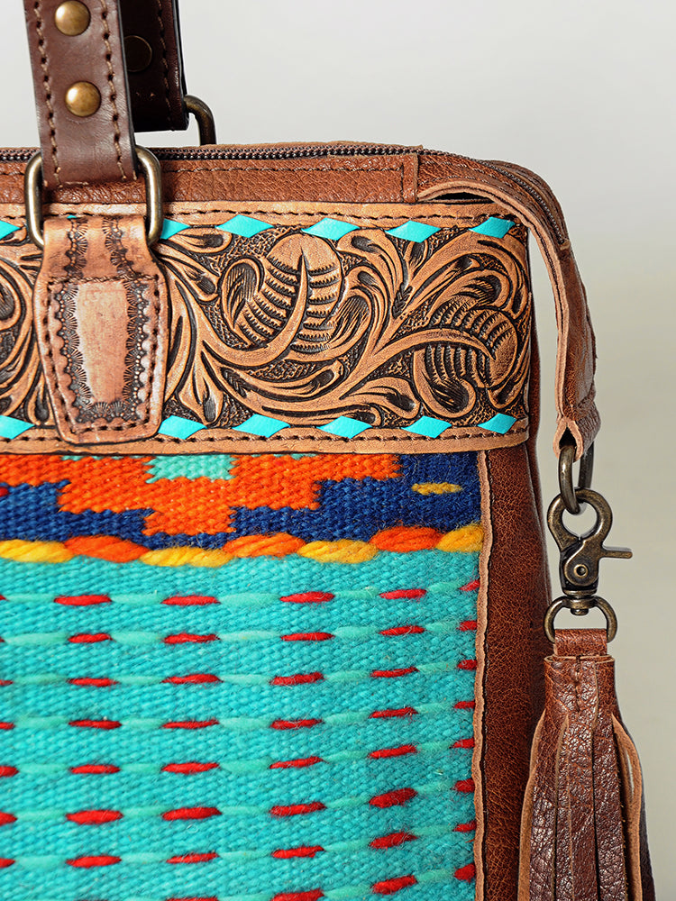 LC-ADBG855 Hand-Tooled Leather & Wool Saddle Blanket Western Tote Bag with Fringe American Darling