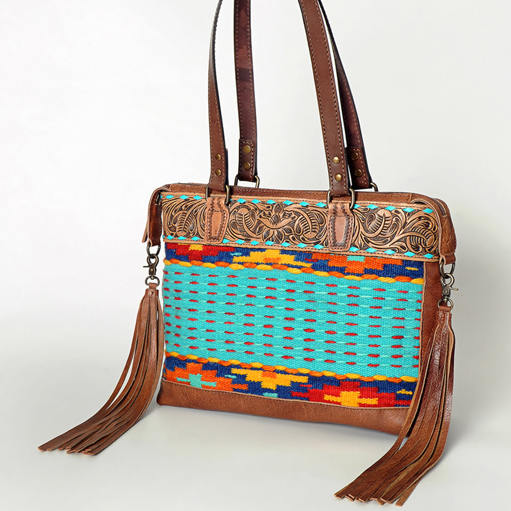 LC-ADBG855 Hand-Tooled Leather & Wool Saddle Blanket Western Tote Bag with Fringe American Darling