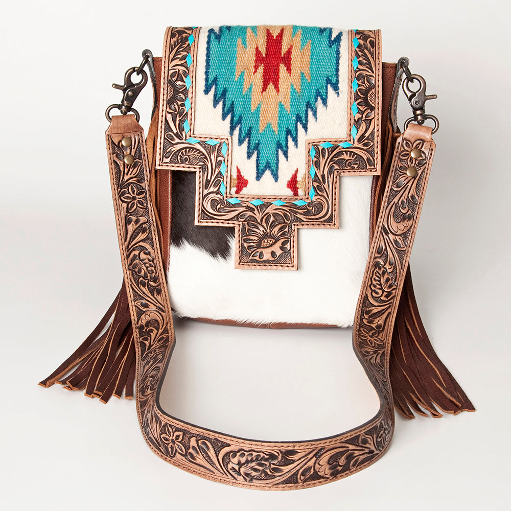 LC-ADBG856 Western Cowhide & Saddle Blanket Messenger Bag with Hand-Tooled Leather and Fringe American Darling
