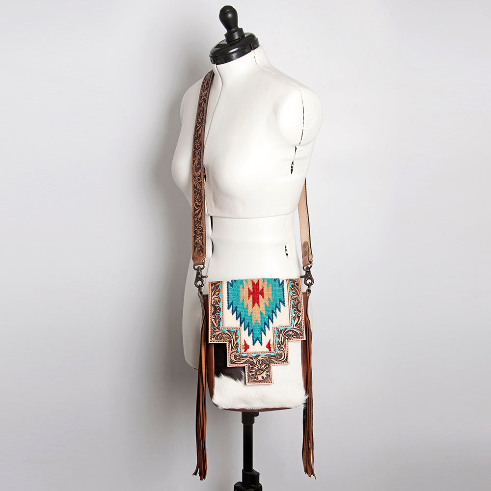 LC-ADBG856 Western Cowhide & Saddle Blanket Messenger Bag with Hand-Tooled Leather and Fringe American Darling