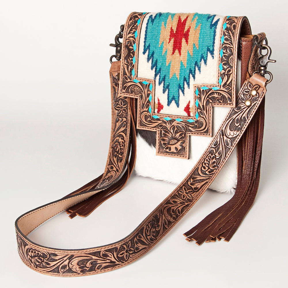 LC-ADBG856 Western Cowhide & Saddle Blanket Messenger Bag with Hand-Tooled Leather and Fringe American Darling