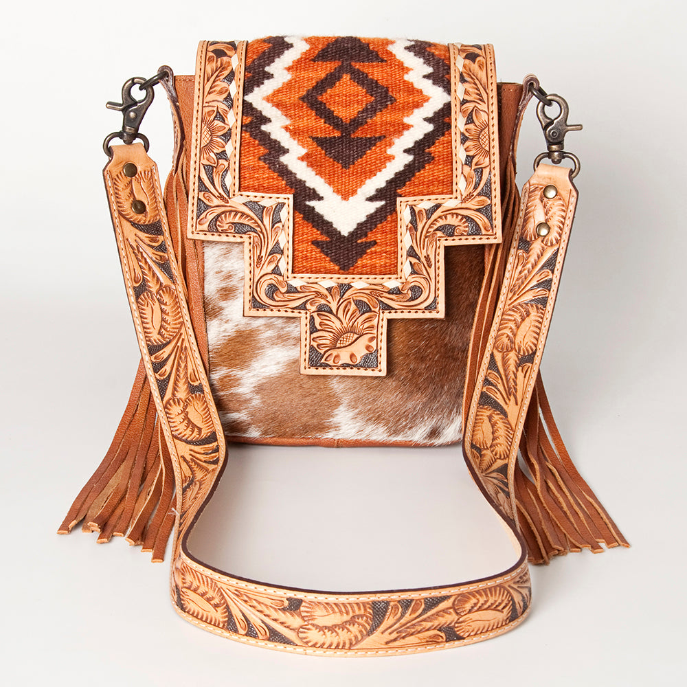 LC-ADBG856 Western Cowhide & Saddle Blanket Messenger Bag with Hand-Tooled Leather and Fringe American Darling