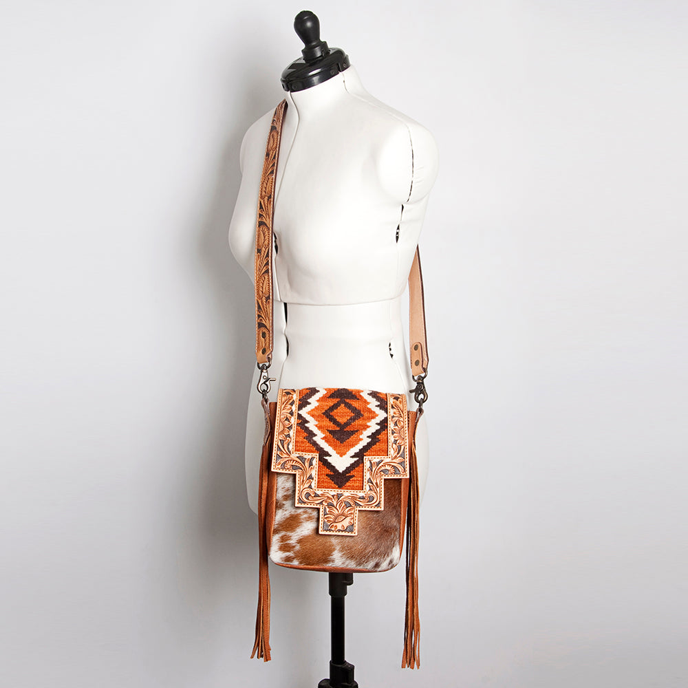 LC-ADBG856 Western Cowhide & Saddle Blanket Messenger Bag with Hand-Tooled Leather and Fringe American Darling