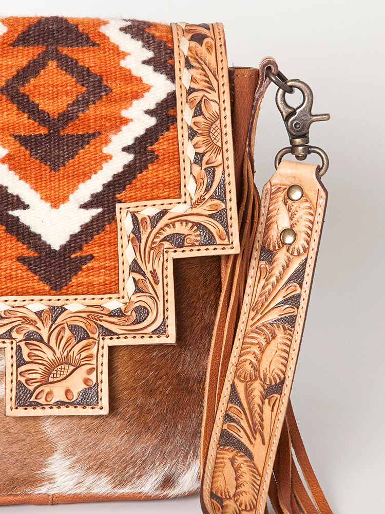 LC-ADBG856 Western Cowhide & Saddle Blanket Messenger Bag with Hand-Tooled Leather and Fringe American Darling