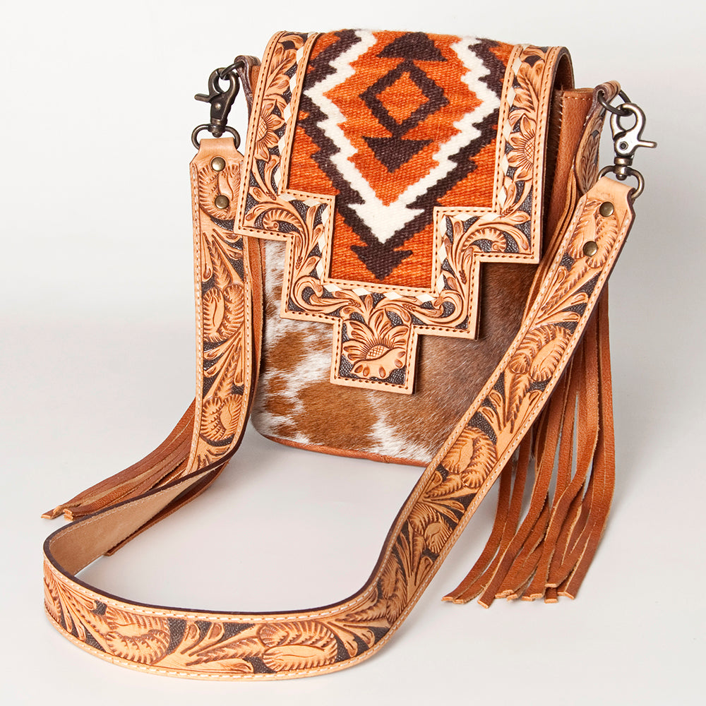 LC-ADBG856 Western Cowhide & Saddle Blanket Messenger Bag with Hand-Tooled Leather and Fringe American Darling