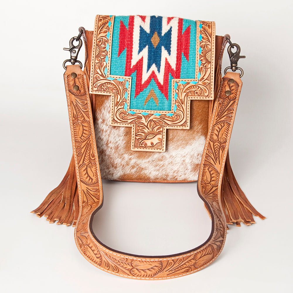 LC-ADBG856 Western Cowhide & Saddle Blanket Messenger Bag with Hand-Tooled Leather and Fringe American Darling