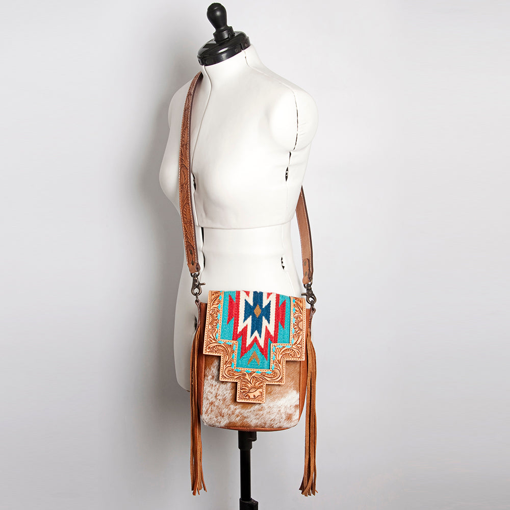 LC-ADBG856 Western Cowhide & Saddle Blanket Messenger Bag with Hand-Tooled Leather and Fringe American Darling