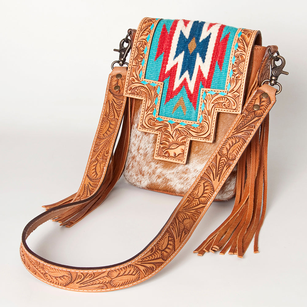 LC-ADBG856 Western Cowhide & Saddle Blanket Messenger Bag with Hand-Tooled Leather and Fringe American Darling