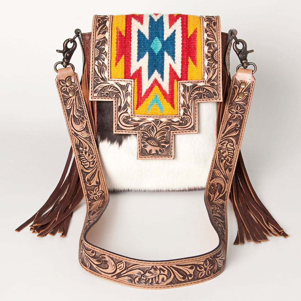 LC-ADBG856 Western Cowhide & Saddle Blanket Messenger Bag with Hand-Tooled Leather and Fringe American Darling