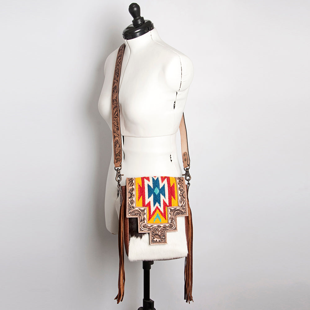 LC-ADBG856 Western Cowhide & Saddle Blanket Messenger Bag with Hand-Tooled Leather and Fringe American Darling