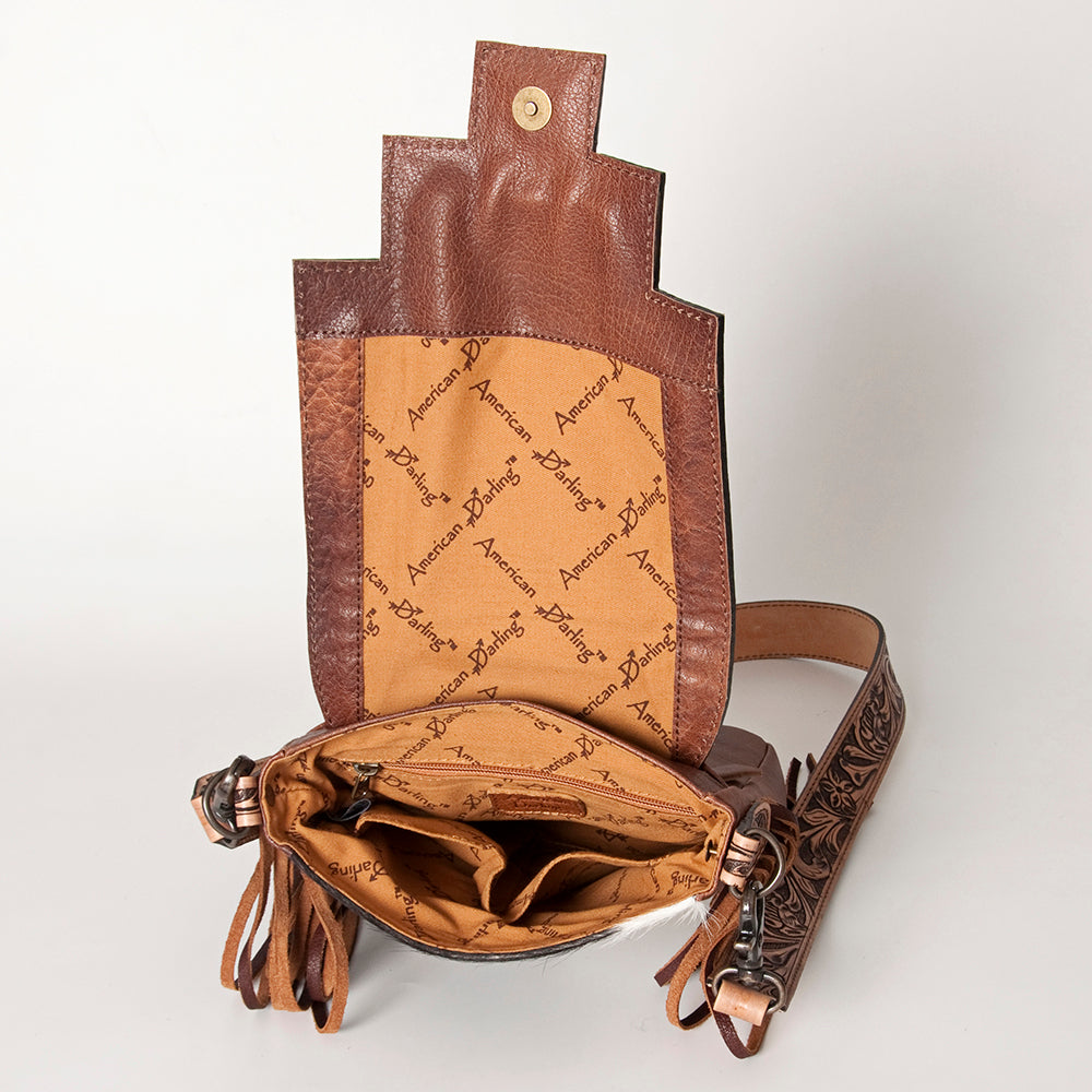LC-ADBG856 Western Cowhide & Saddle Blanket Messenger Bag with Hand-Tooled Leather and Fringe American Darling