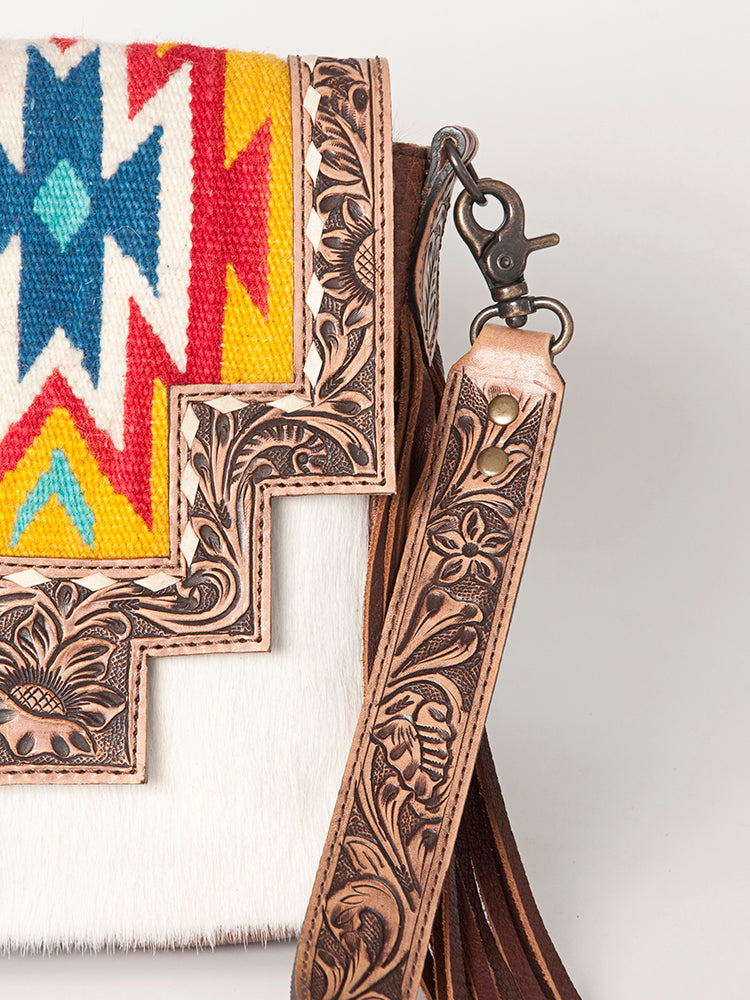 LC-ADBG856 Western Cowhide & Saddle Blanket Messenger Bag with Hand-Tooled Leather and Fringe American Darling