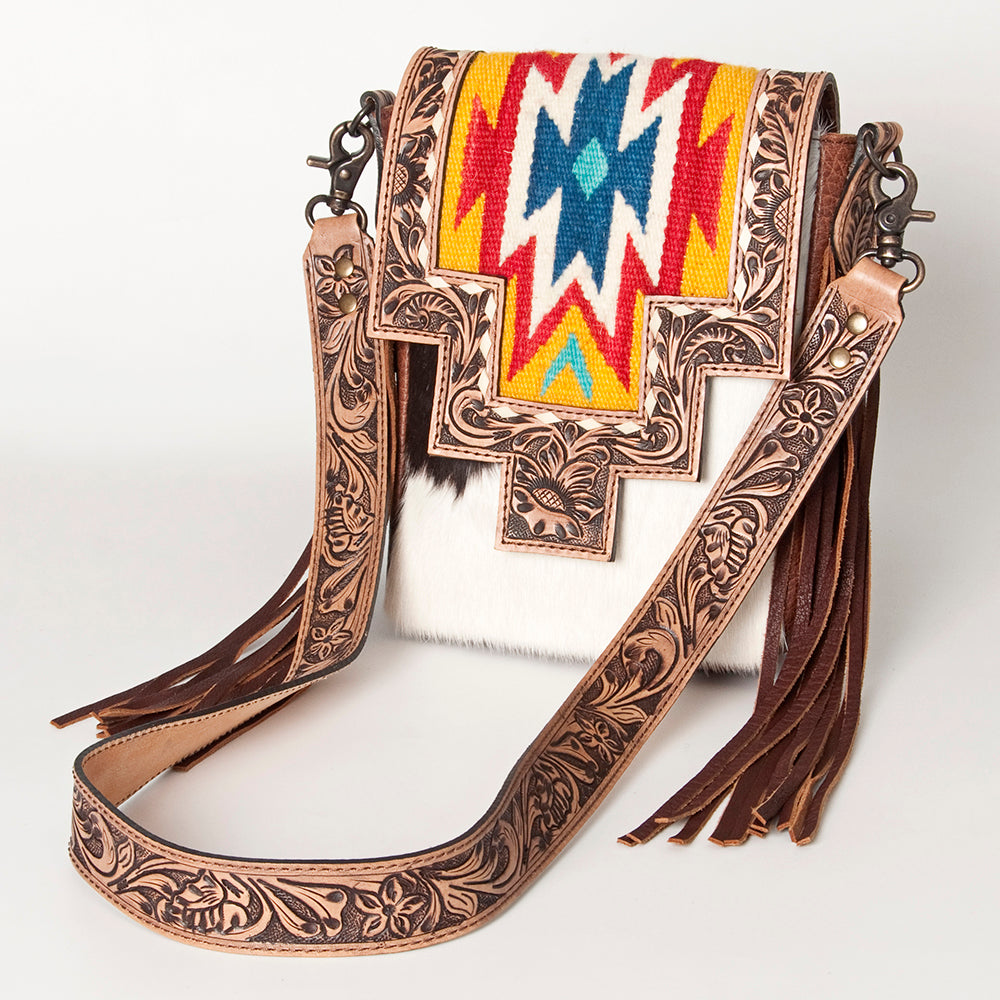 LC-ADBG856 Western Cowhide & Saddle Blanket Messenger Bag with Hand-Tooled Leather and Fringe American Darling