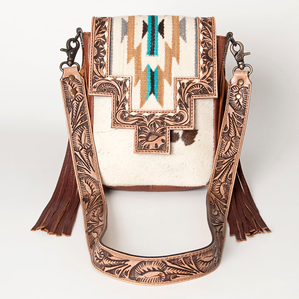 LC-ADBG856 Western Cowhide & Saddle Blanket Messenger Bag with Hand-Tooled Leather and Fringe American Darling
