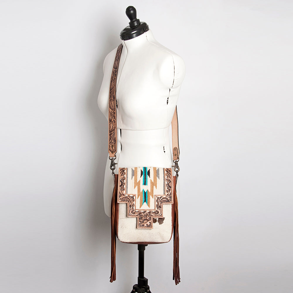 LC-ADBG856 Western Cowhide & Saddle Blanket Messenger Bag with Hand-Tooled Leather and Fringe American Darling