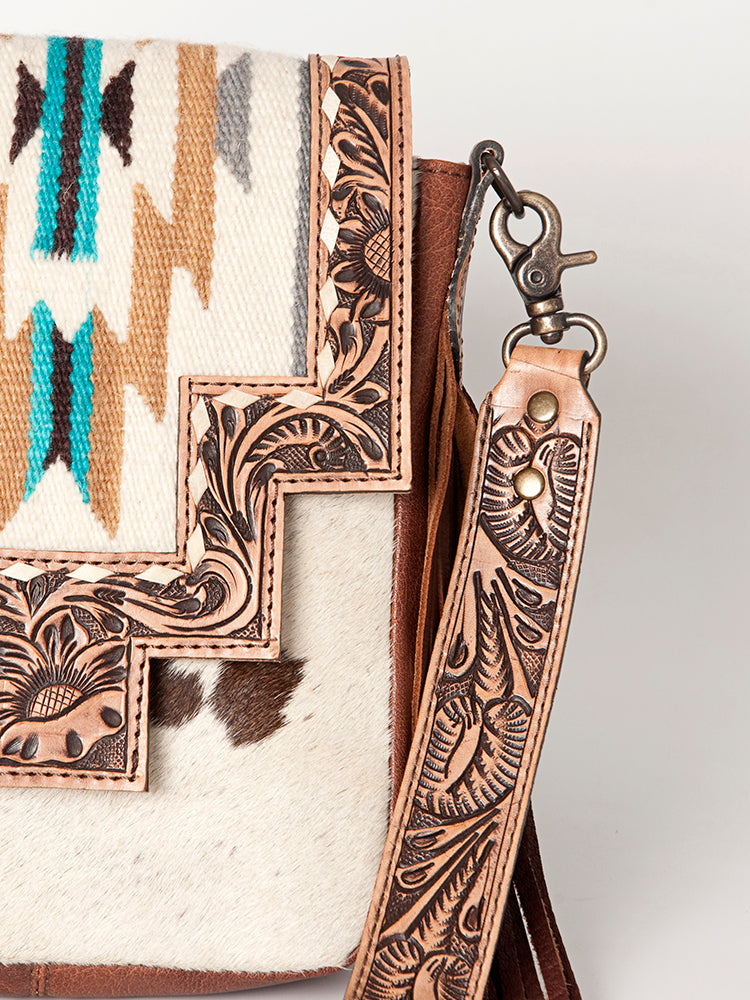 LC-ADBG856 Western Cowhide & Saddle Blanket Messenger Bag with Hand-Tooled Leather and Fringe American Darling