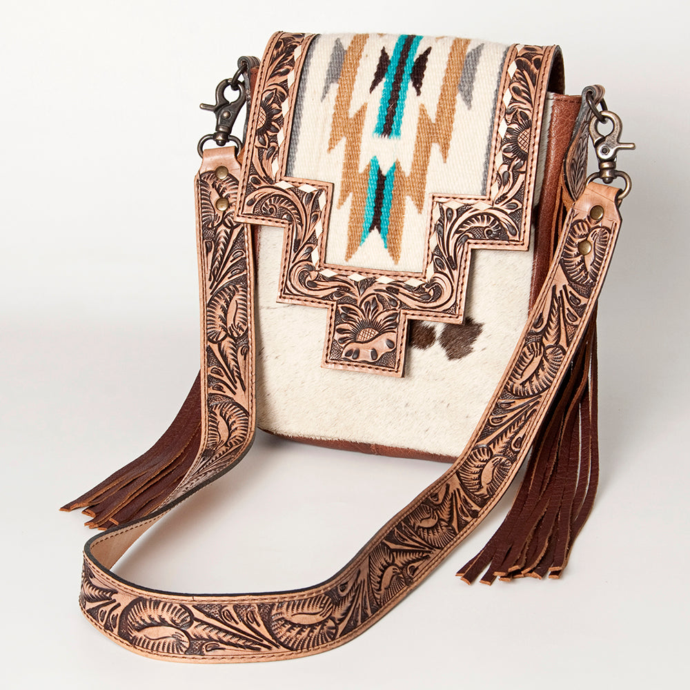 LC-ADBG856 Western Cowhide & Saddle Blanket Messenger Bag with Hand-Tooled Leather and Fringe American Darling