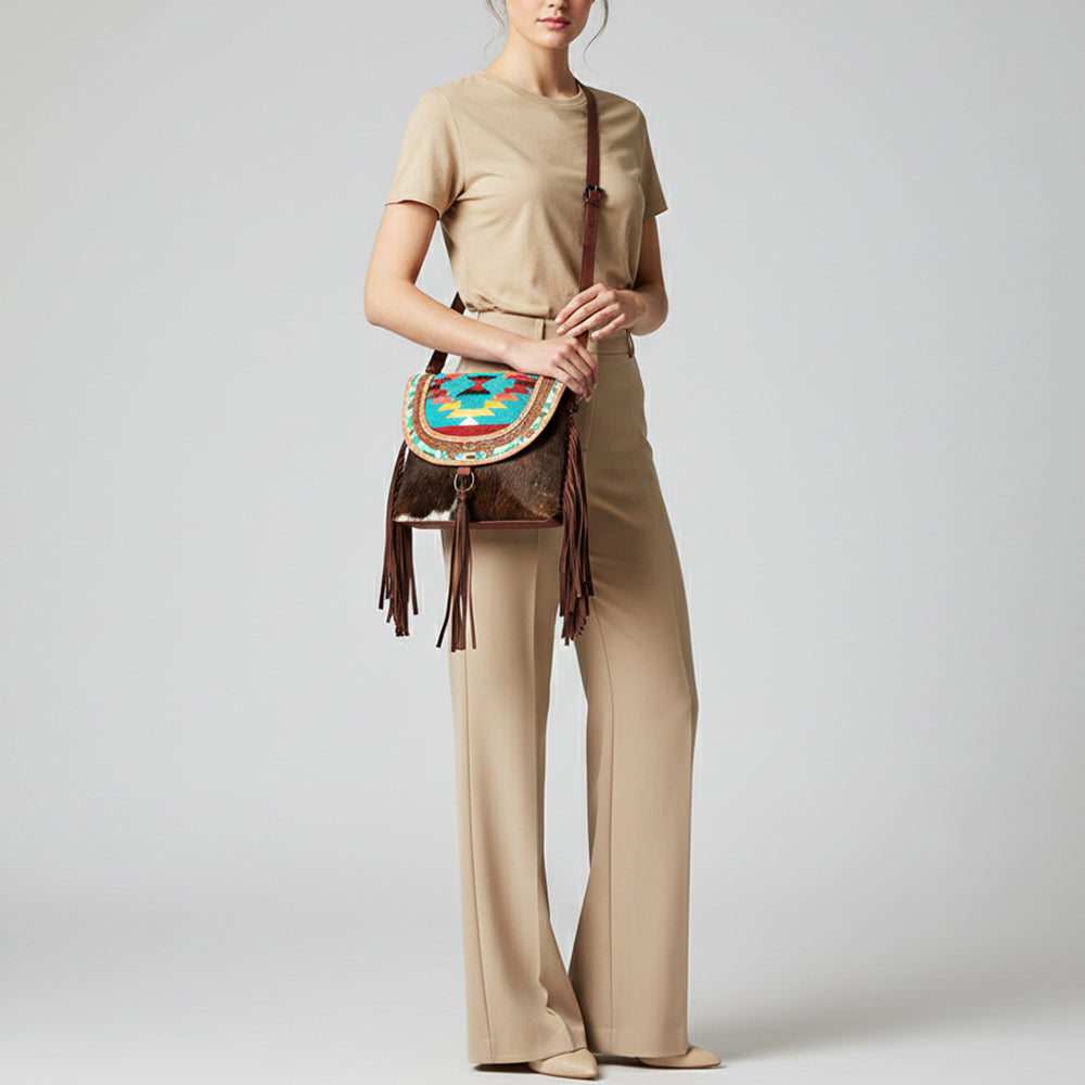 LC-ADBGZ616A Western Cowhide Messenger Bag with Tooled Leather & Beaded Tribal Flap