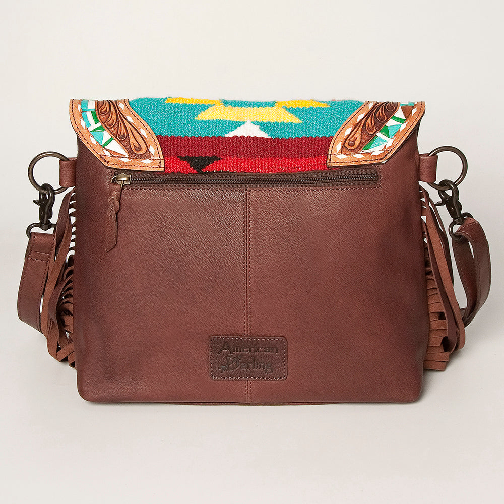 LC-ADBGZ616A Western Cowhide Messenger Bag with Tooled Leather & Beaded Tribal Flap