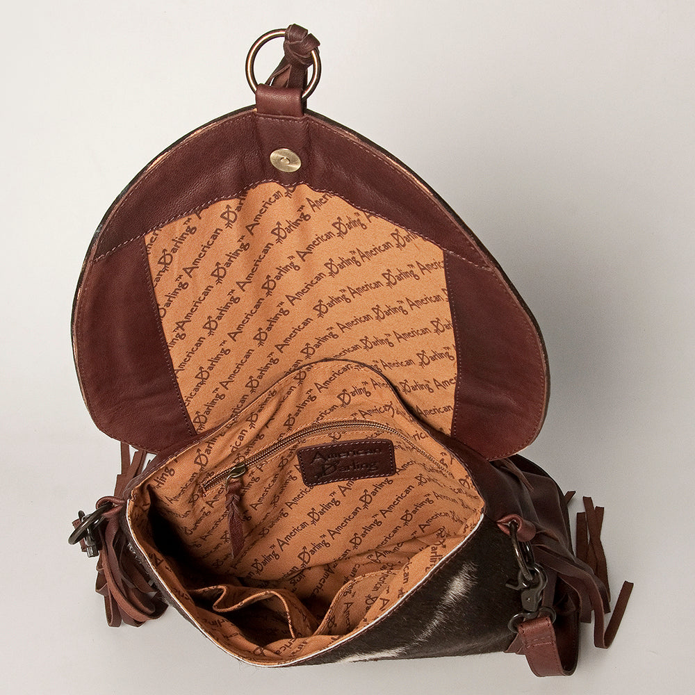 LC-ADBGZ616A Western Cowhide Messenger Bag with Tooled Leather & Beaded Tribal Flap