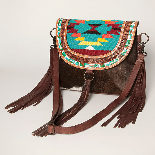 LC-ADBGZ616A Western Cowhide Messenger Bag with Tooled Leather & Beaded Tribal Flap