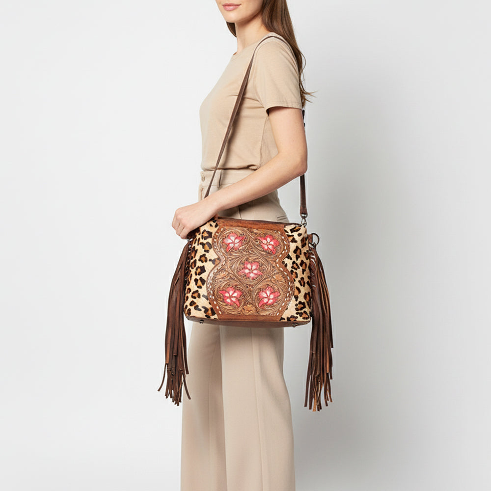 LC-ADBGZ621 Leopard Print Cowhide Small Crossbody Bag with Tooled Leather & Pink Floral Inlay