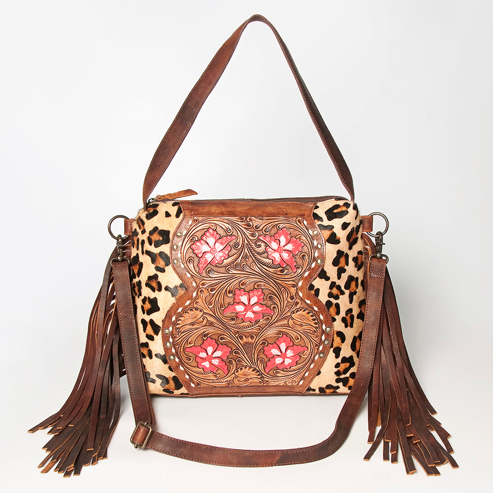 LC-ADBGZ621 Leopard Print Cowhide Small Crossbody Bag with Tooled Leather & Pink Floral Inlay