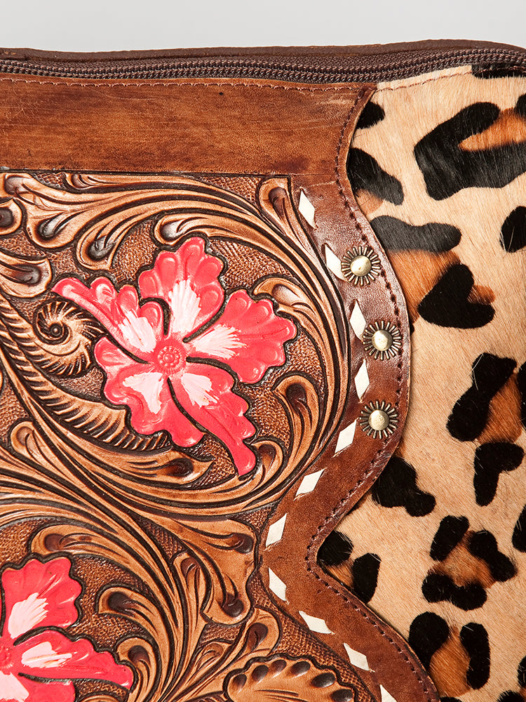 LC-ADBGZ621 Leopard Print Cowhide Small Crossbody Bag with Tooled Leather & Pink Floral Inlay