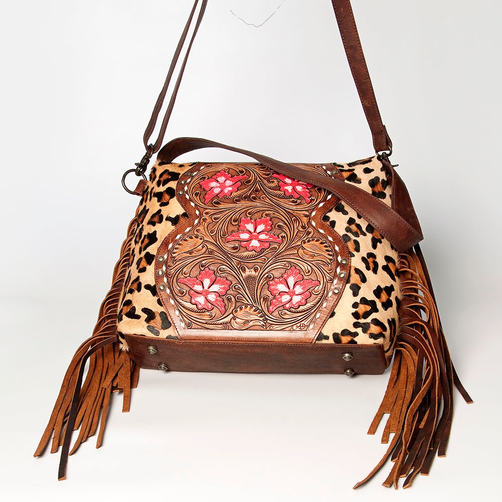 LC-ADBGZ621 Leopard Print Cowhide Small Crossbody Bag with Tooled Leather & Pink Floral Inlay