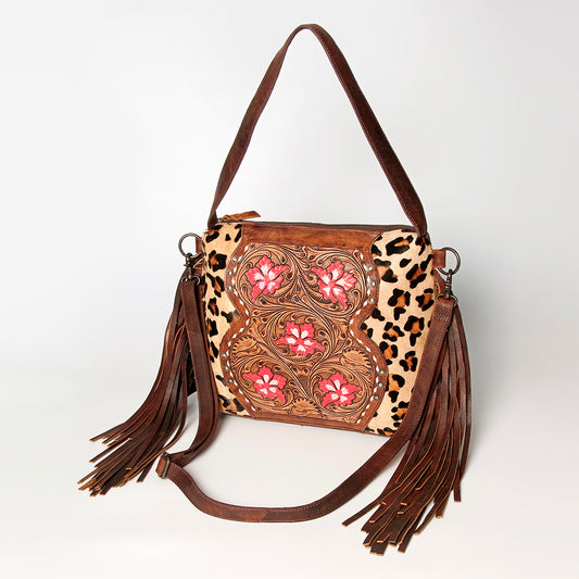 LC-ADBGZ621 Leopard Print Cowhide Small Crossbody Bag with Tooled Leather & Pink Floral Inlay
