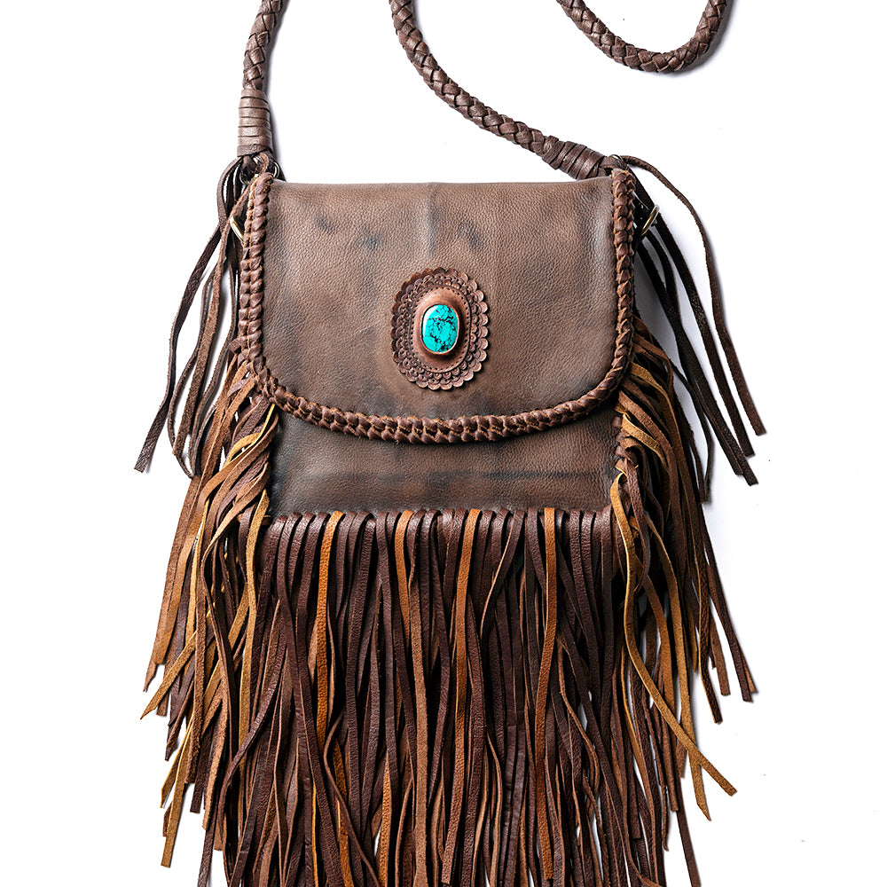 ADBGM250 Rustic Brown Leather Crossbody - Fringe Western Purse with Turquoise Concho