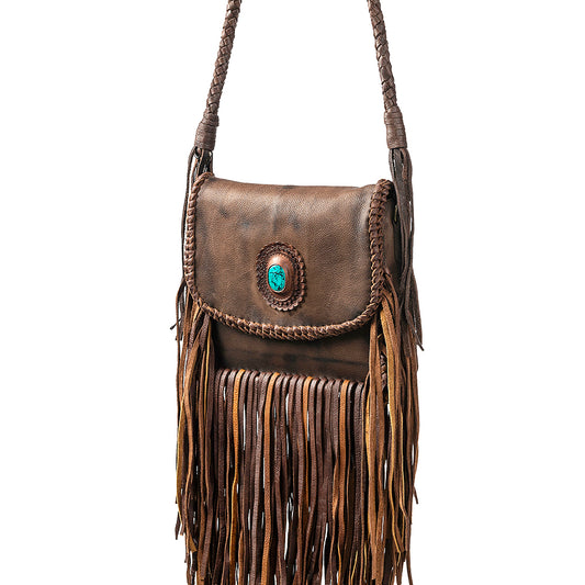 ADBGM250 Rustic Brown Leather Crossbody - Fringe Western Purse with Turquoise Concho