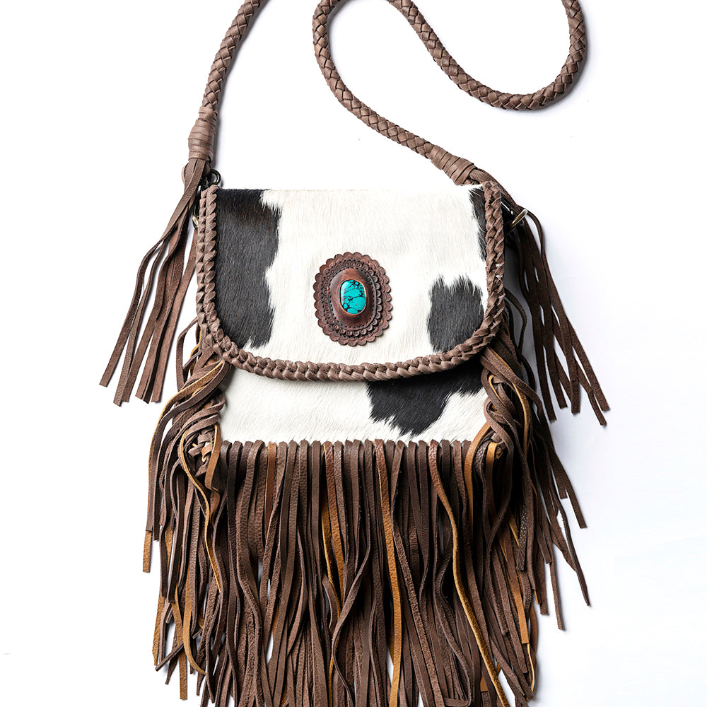 ADBGM250 Hair-On Cowhide Leather Crossbody Bag - Turquoise Concho & Fringe Western Purse