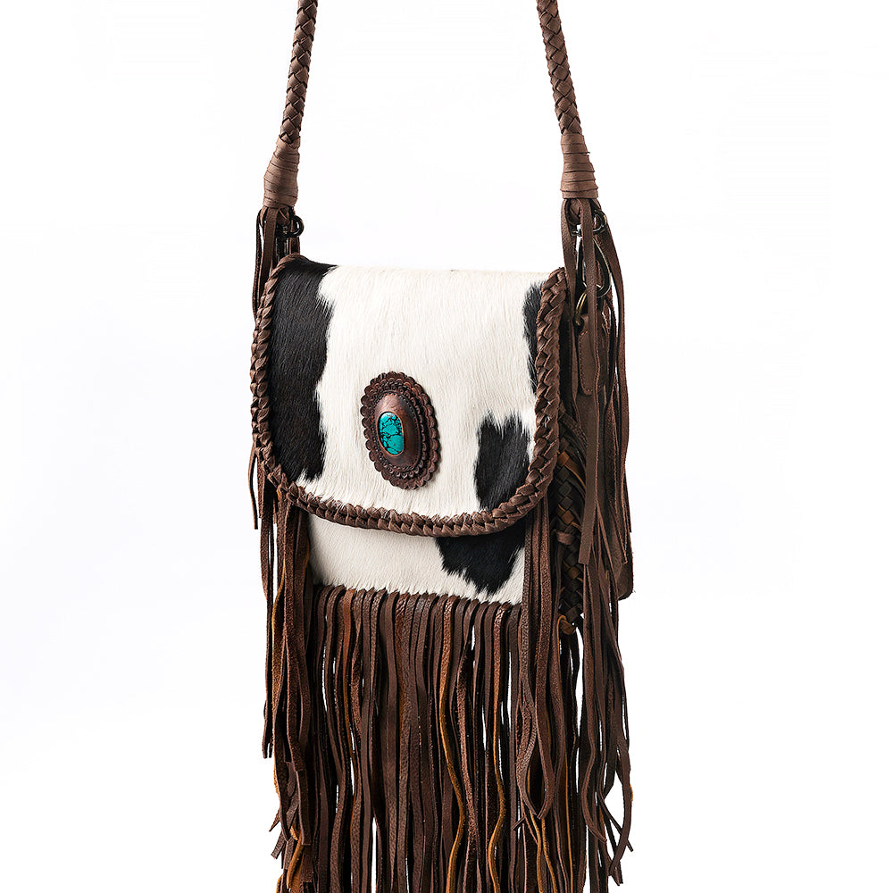 ADBGM250 Hair-On Cowhide Leather Crossbody Bag - Turquoise Concho & Fringe Western Purse