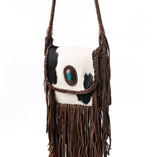 ADBGM250 Hair-On Cowhide Leather Crossbody Bag - Turquoise Concho & Fringe Western Purse