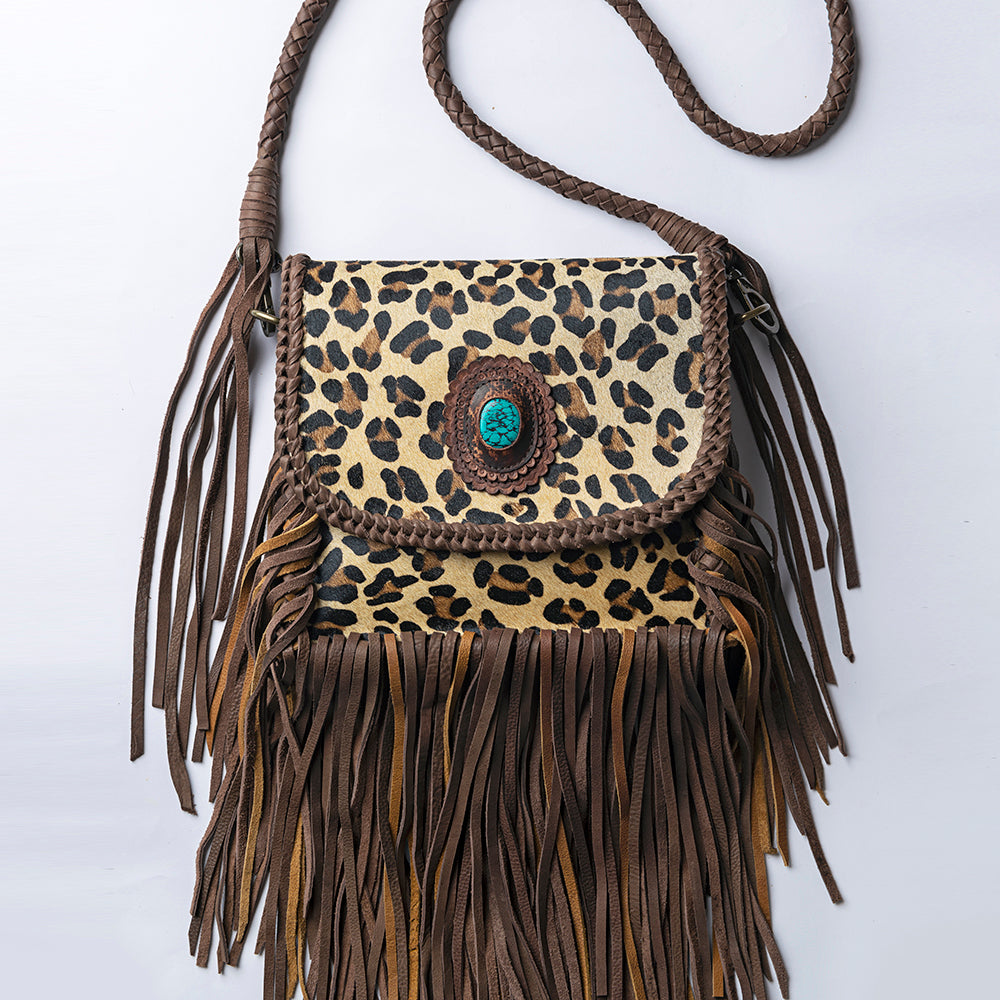 ADBGM250 Leopard Print Hair-On Leather Crossbody - Turquoise Concho & Fringe Western Bag