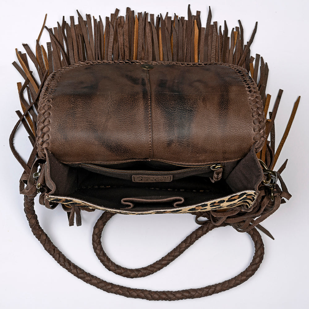 ADBGM250 Leopard Print Hair-On Leather Crossbody - Turquoise Concho & Fringe Western Bag